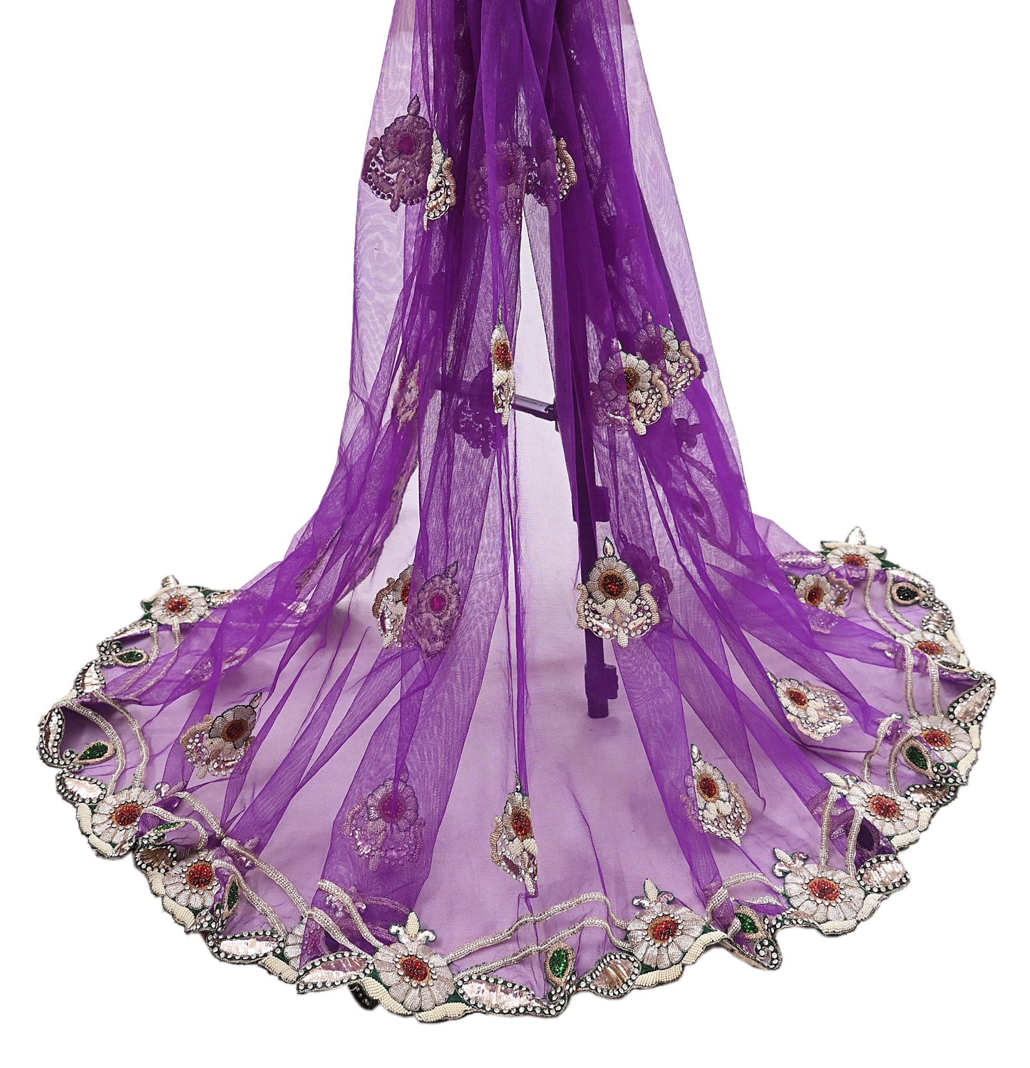 Indian Vintage Heavy Purple Dupatta Net Mesh Long Stole Hand Embroidered Scarf Purple Zardozi Zari Sequins Wedding Veil Hijab