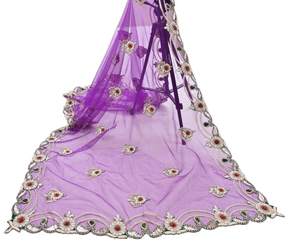 Indian Vintage Heavy Purple Dupatta Net Mesh Long Stole Hand Embroidered Scarf Purple Zardozi Zari Sequins Wedding Veil Hijab