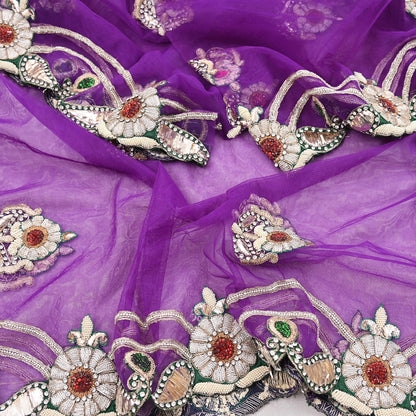 Indian Vintage Heavy Purple Dupatta Net Mesh Long Stole Hand Embroidered Scarf Purple Zardozi Zari Sequins Wedding Veil Hijab