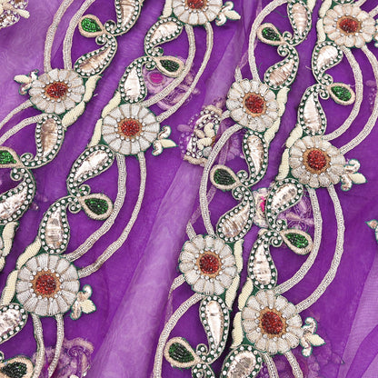 Indian Vintage Heavy Purple Dupatta Net Mesh Long Stole Hand Embroidered Scarf Purple Zardozi Zari Sequins Wedding Veil Hijab