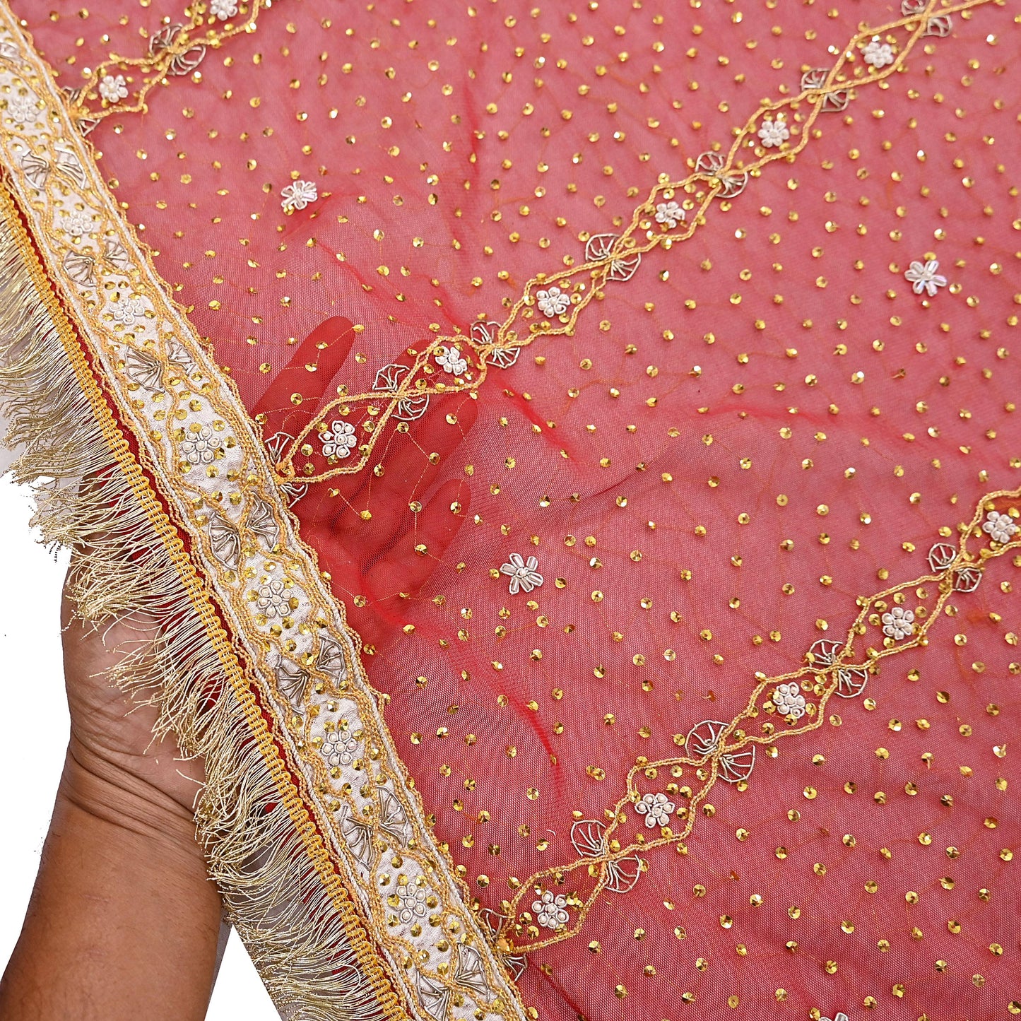 Indian Vintage Heavy Luxury Bridal Red Dupatta Net Mesh Long Stole Hand Embroidered Scarves Zardozi Dabka Wedding dupatta veil hijab