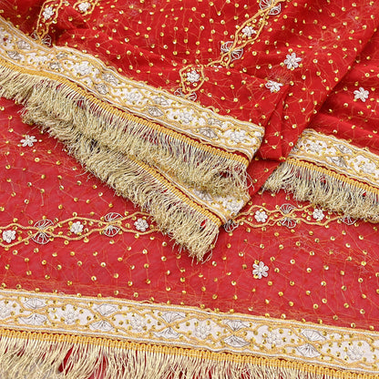 Indian Vintage Heavy Luxury Bridal Red Dupatta Net Mesh Long Stole Hand Embroidered Scarves Zardozi Dabka Wedding dupatta veil hijab
