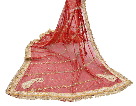 Indian Vintage Heavy Luxury Bridal Red Dupatta Net Mesh Long Stole Hand Embroidered Scarves Zardozi Dabka Wedding dupatta veil hijab