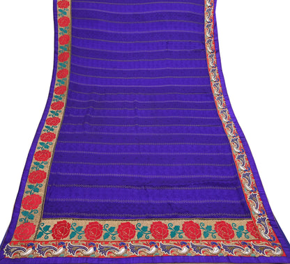 Indian Vintage Heavy Blue Sari  Hand Embroidered Saree 100% Pure Silk Craft Fabric 6yd Soft Wedding/Party Wear Blouse Fabric
