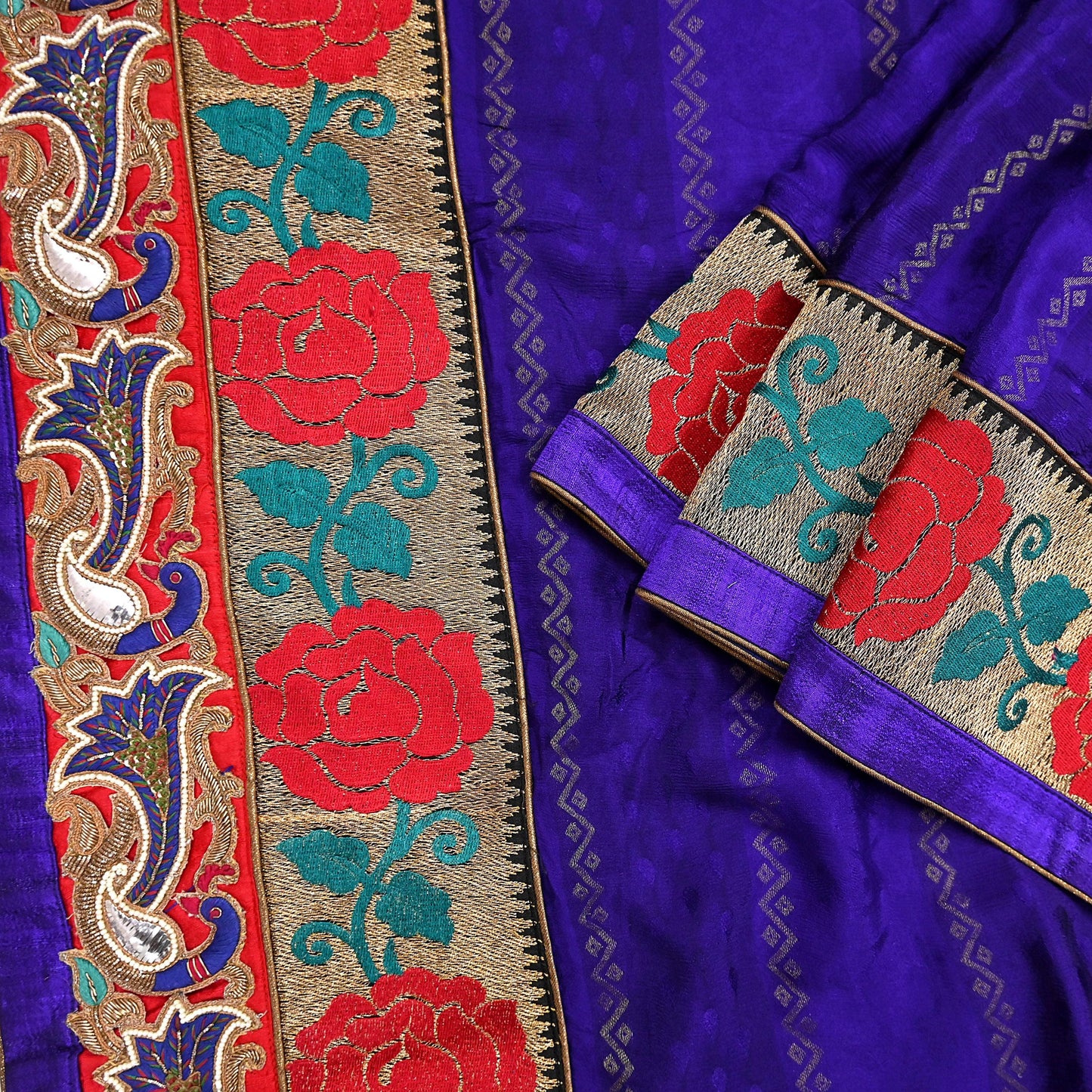 Indian Vintage Heavy Blue Sari  Hand Embroidered Saree 100% Pure Silk Craft Fabric 6yd Soft Wedding/Party Wear Blouse Fabric