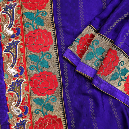 Indian Vintage Heavy Blue Sari  Hand Embroidered Saree 100% Pure Silk Craft Fabric 6yd Soft Wedding/Party Wear Blouse Fabric