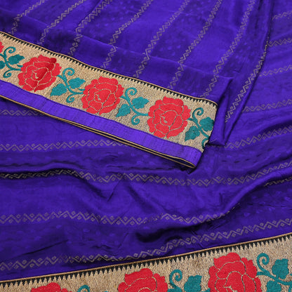 Indian Vintage Heavy Blue Sari  Hand Embroidered Saree 100% Pure Silk Craft Fabric 6yd Soft Wedding/Party Wear Blouse Fabric