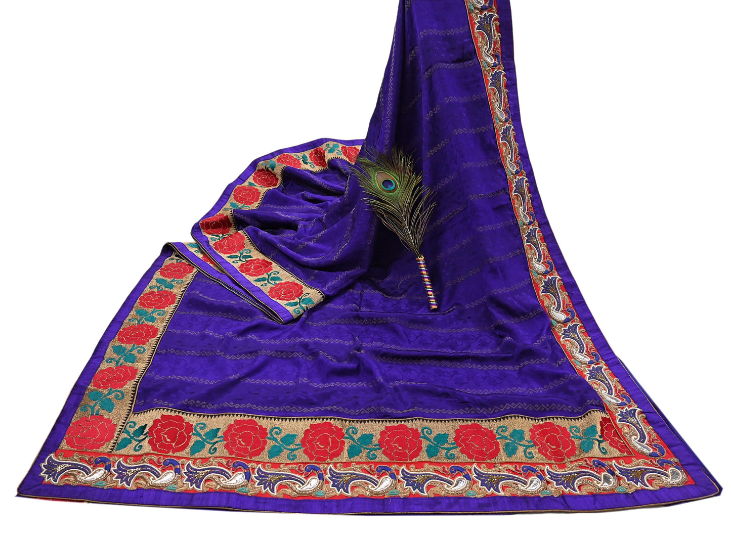 Indian Vintage Heavy Blue Sari  Hand Embroidered Saree 100% Pure Silk Craft Fabric 6yd Soft Wedding/Party Wear Blouse Fabric