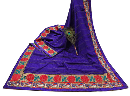 Indian Vintage Heavy Blue Sari  Hand Embroidered Saree 100% Pure Silk Craft Fabric 6yd Soft Wedding/Party Wear Blouse Fabric