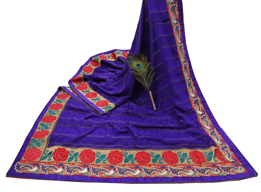 Indian Vintage Heavy Blue Sari  Hand Embroidered Saree 100% Pure Silk Craft Fabric 6yd Soft Wedding/Party Wear Blouse Fabric