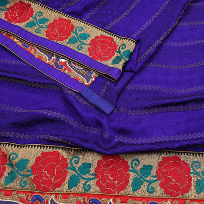 Indian Vintage Heavy Blue Sari  Hand Embroidered Saree 100% Pure Silk Craft Fabric 6yd Soft Wedding/Party Wear Blouse Fabric