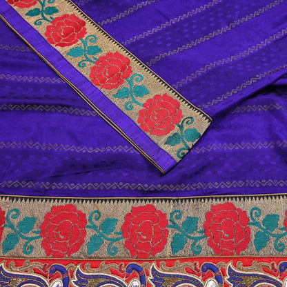 Indian Vintage Heavy Blue Sari  Hand Embroidered Saree 100% Pure Silk Craft Fabric 6yd Soft Wedding/Party Wear Blouse Fabric