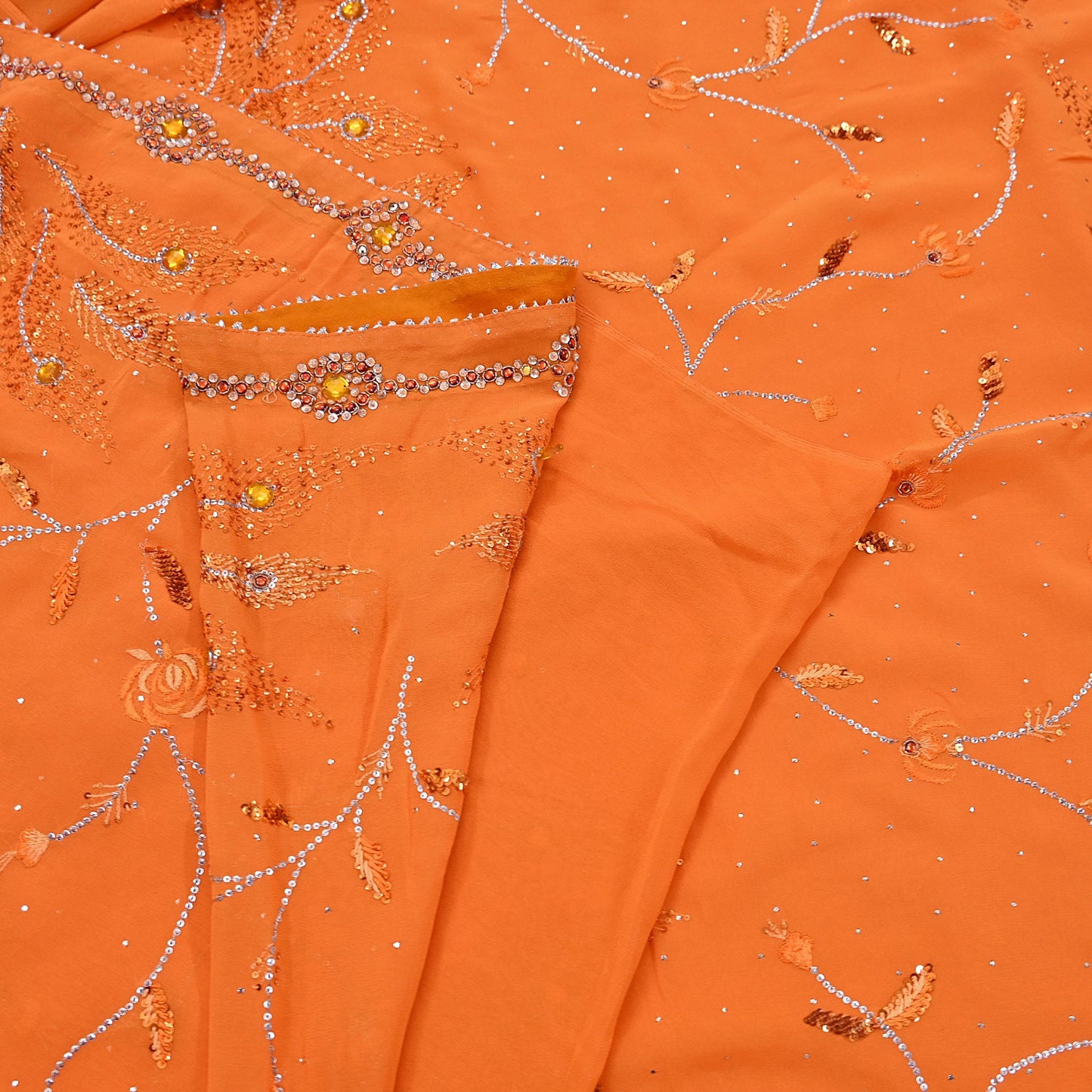 Indian Vintage Heavy Sari Orange Pure Georgette Silk Hand Embroidered Sarees Craft Fabric 6Yd Sewing Ethnic Bollywood saree Zardozi Mukesh