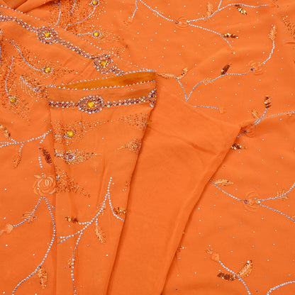 Indian Vintage Heavy Sari Orange Pure Georgette Silk Hand Embroidered Sarees Craft Fabric 6Yd Sewing Ethnic Bollywood saree Zardozi Mukesh