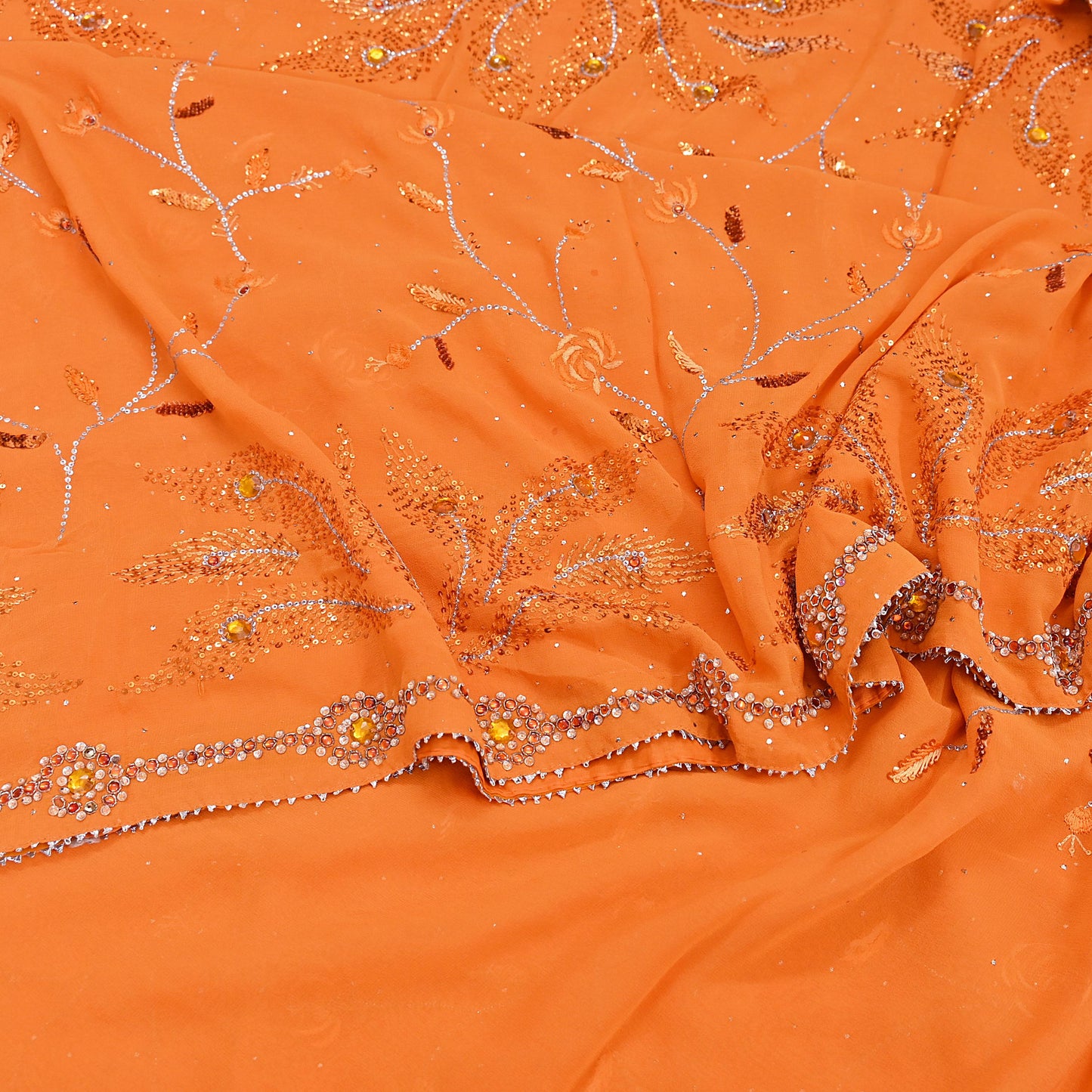 Indian Vintage Heavy Sari Orange Pure Georgette Silk Hand Embroidered Sarees Craft Fabric 6Yd Sewing Ethnic Bollywood saree Zardozi Mukesh