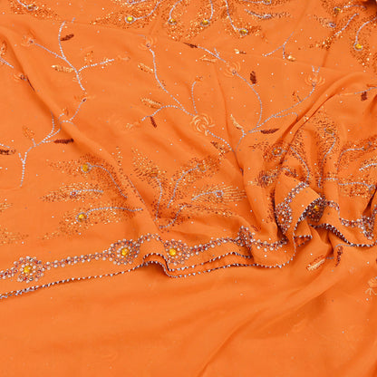 Indian Vintage Heavy Sari Orange Pure Georgette Silk Hand Embroidered Sarees Craft Fabric 6Yd Sewing Ethnic Bollywood saree Zardozi Mukesh