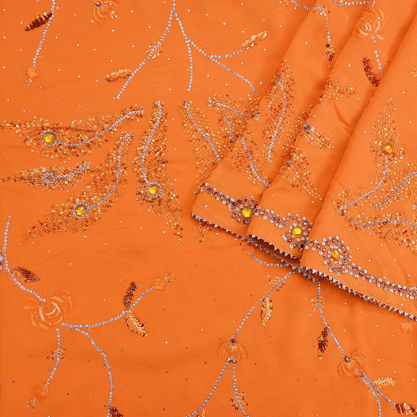 Indian Vintage Heavy Sari Orange Pure Georgette Silk Hand Embroidered Sarees Craft Fabric 6Yd Sewing Ethnic Bollywood saree Zardozi Mukesh