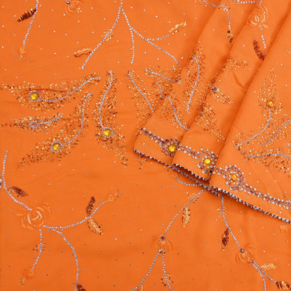 Indian Vintage Heavy Sari Orange Pure Georgette Silk Hand Embroidered Sarees Craft Fabric 6Yd Sewing Ethnic Bollywood saree Zardozi Mukesh
