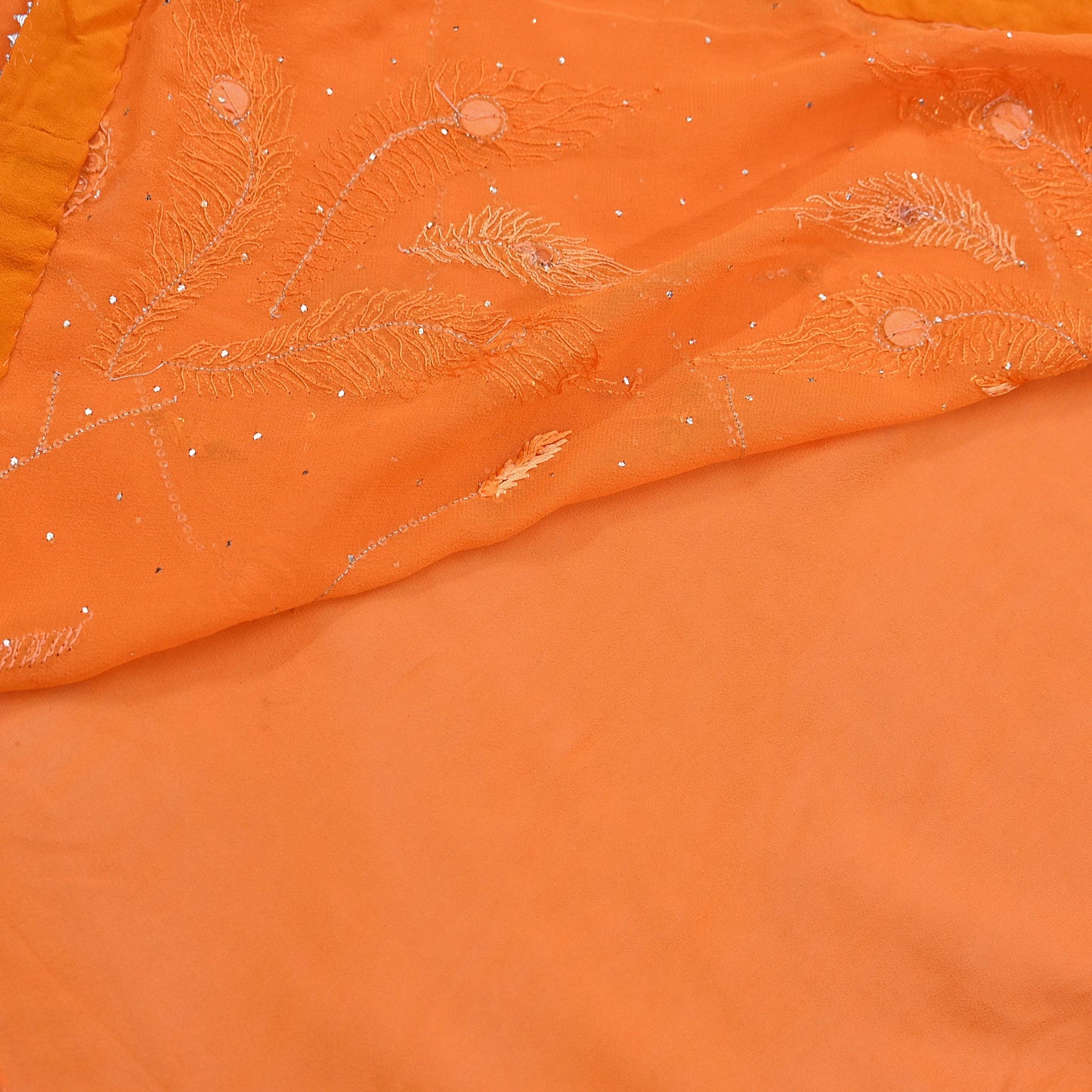 Indian Vintage Heavy Sari Orange Pure Georgette Silk Hand Embroidered Sarees Craft Fabric 6Yd Sewing Ethnic Bollywood saree Zardozi Mukesh