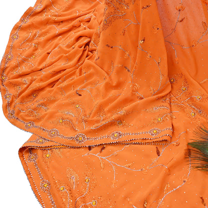 Indian Vintage Heavy Sari Orange Pure Georgette Silk Hand Embroidered Sarees Craft Fabric 6Yd Sewing Ethnic Bollywood saree Zardozi Mukesh