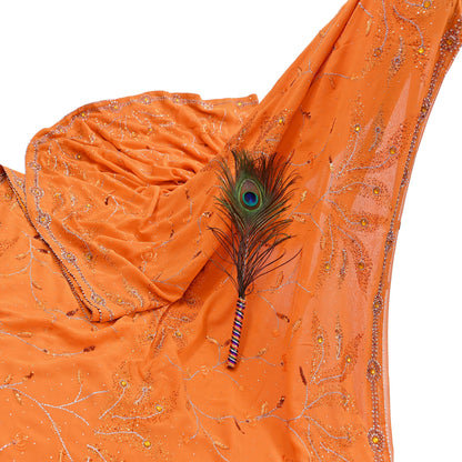 Indian Vintage Heavy Sari Orange Pure Georgette Silk Hand Embroidered Sarees Craft Fabric 6Yd Sewing Ethnic Bollywood saree Zardozi Mukesh