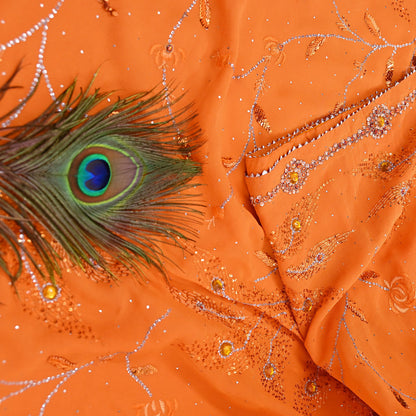 Indian Vintage Heavy Sari Orange Pure Georgette Silk Hand Embroidered Sarees Craft Fabric 6Yd Sewing Ethnic Bollywood saree Zardozi Mukesh