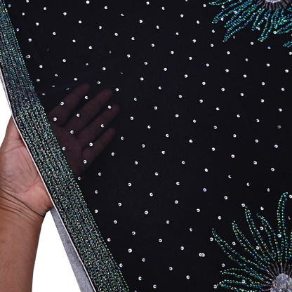 Indian Vintage Heavy Sarees Black Pure Georgette Silk Hand Embroidered Sari Fabric 5Yd Sewing Ethnic Sequins Wedding sarees Dress making