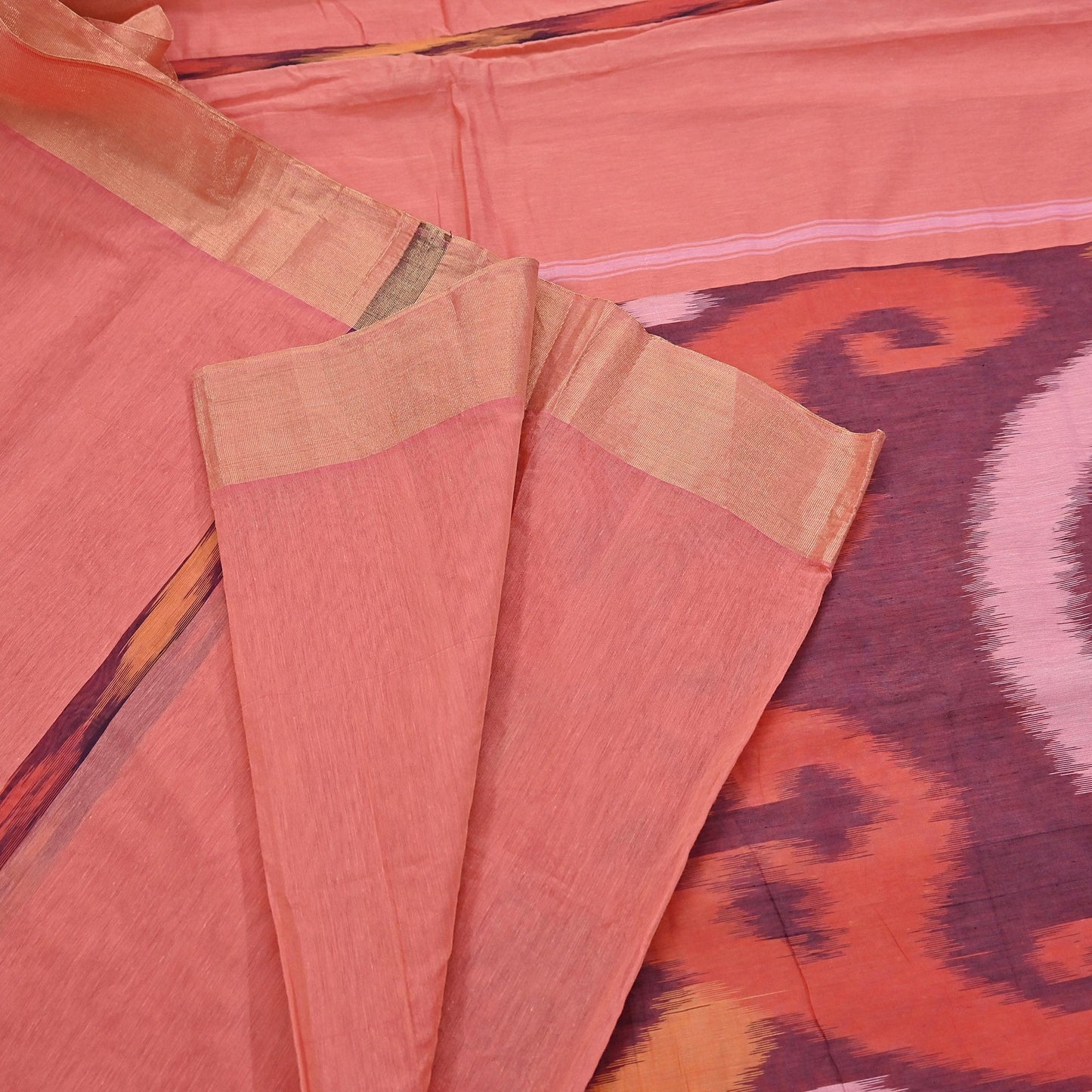 Indian Vintage Peach Saree Artificial Silk Pochampally Hand Woven Ikat Sari Craft Fabric 5Yd Ethnic Zari Border Dress making Fringes