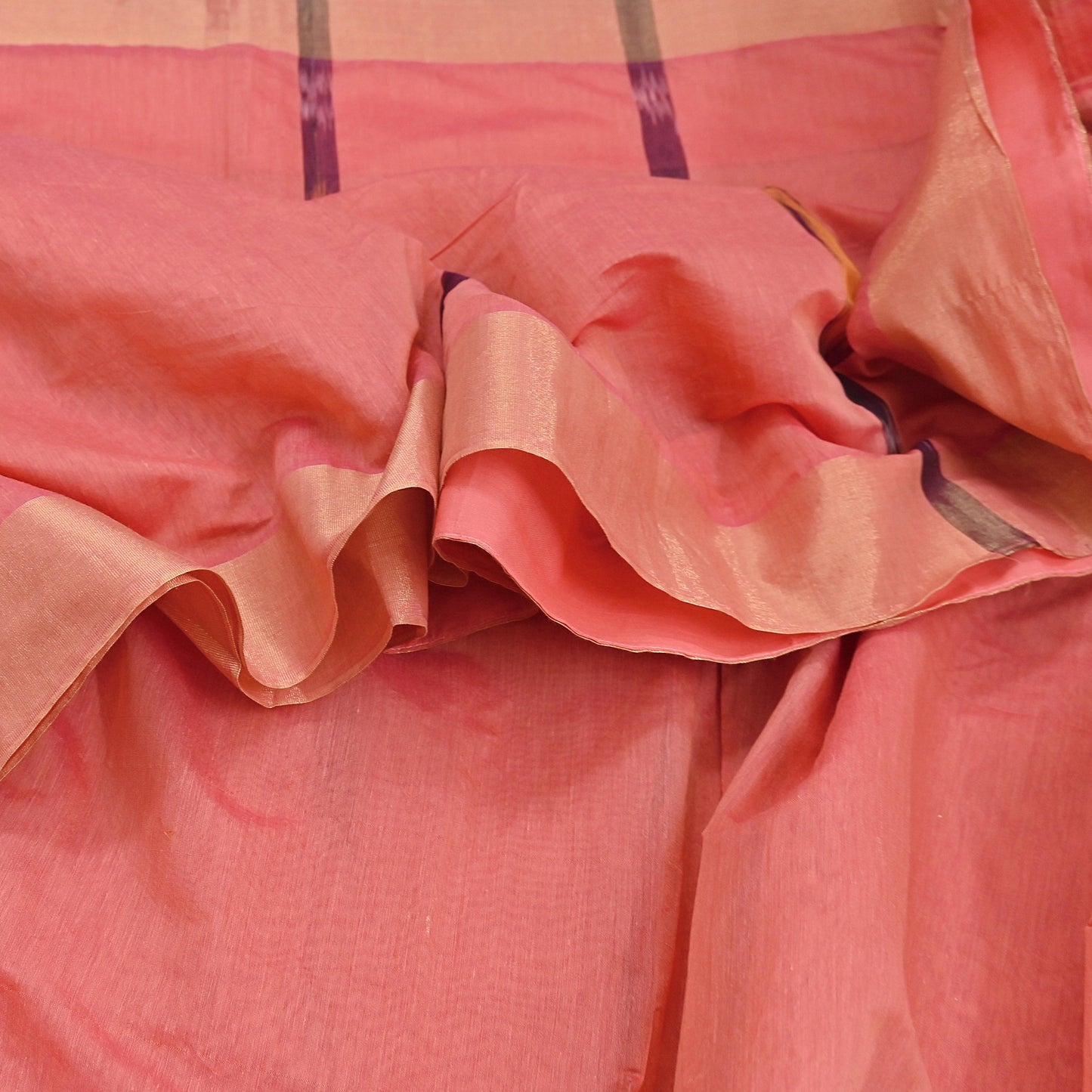 Indian Vintage Peach Saree Artificial Silk Pochampally Hand Woven Ikat Sari Craft Fabric 5Yd Ethnic Zari Border Dress making Fringes