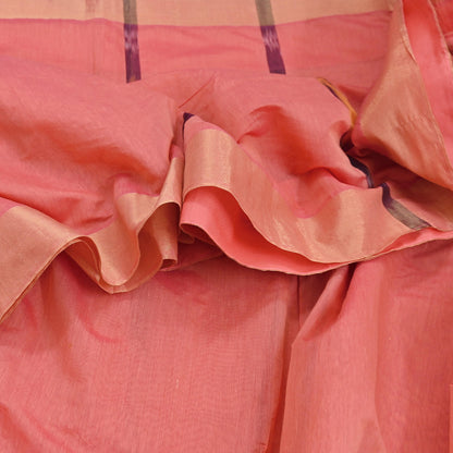Indian Vintage Peach Saree Artificial Silk Pochampally Hand Woven Ikat Sari Craft Fabric 5Yd Ethnic Zari Border Dress making Fringes