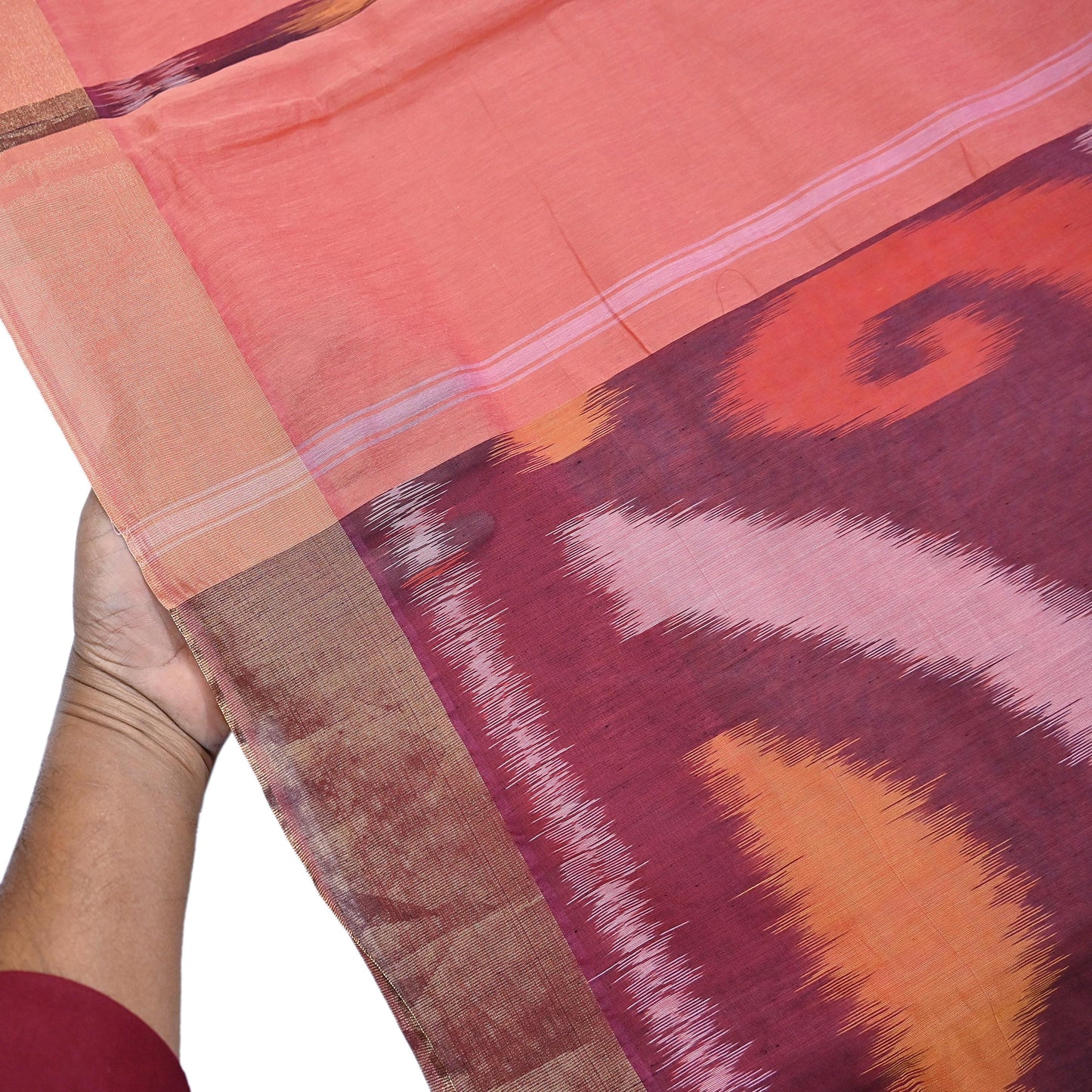 Indian Vintage Peach Saree Artificial Silk Pochampally Hand Woven Ikat Sari Craft Fabric 5Yd Ethnic Zari Border Dress making Fringes