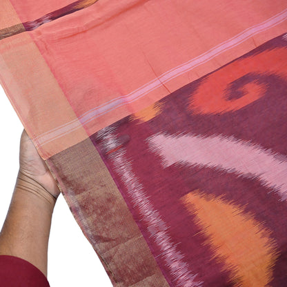 Indian Vintage Peach Saree Artificial Silk Pochampally Hand Woven Ikat Sari Craft Fabric 5Yd Ethnic Zari Border Dress making Fringes