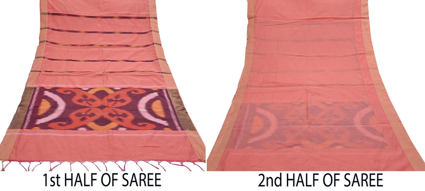 Indian Vintage Peach Saree Artificial Silk Pochampally Hand Woven Ikat Sari Craft Fabric 5Yd Ethnic Zari Border Dress making Fringes