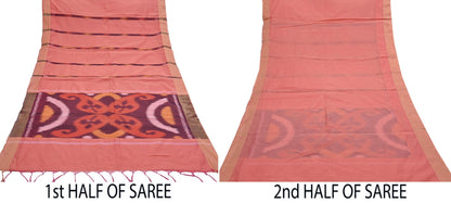 Indian Vintage Peach Saree Artificial Silk Pochampally Hand Woven Ikat Sari Craft Fabric 5Yd Ethnic Zari Border Dress making Fringes