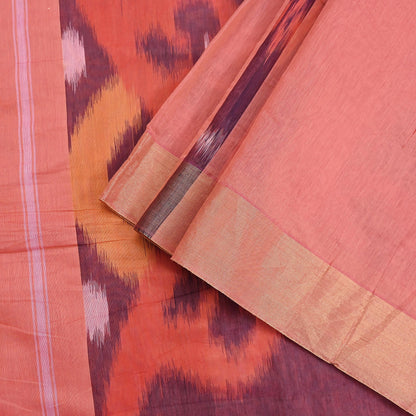 Indian Vintage Peach Saree Artificial Silk Pochampally Hand Woven Ikat Sari Craft Fabric 5Yd Ethnic Zari Border Dress making Fringes