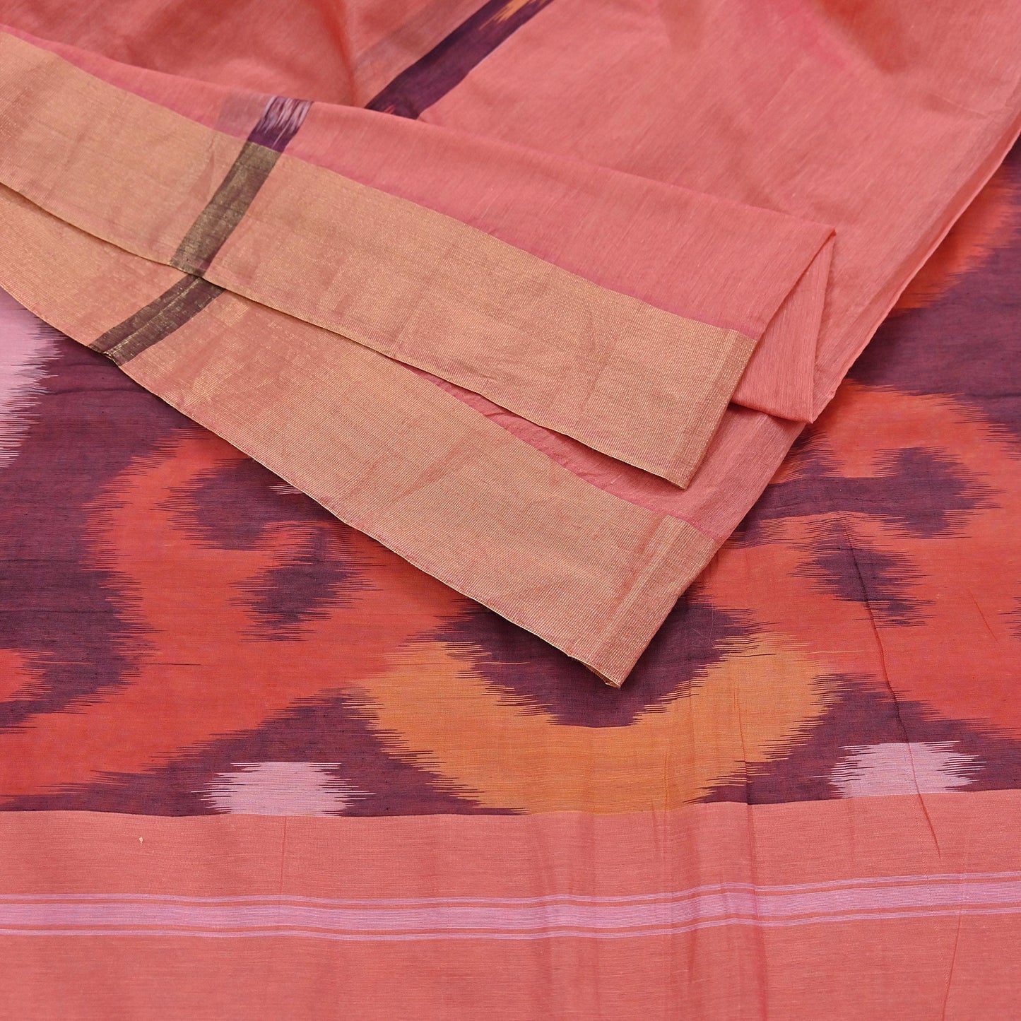 Indian Vintage Peach Saree Artificial Silk Pochampally Hand Woven Ikat Sari Craft Fabric 5Yd Ethnic Zari Border Dress making Fringes