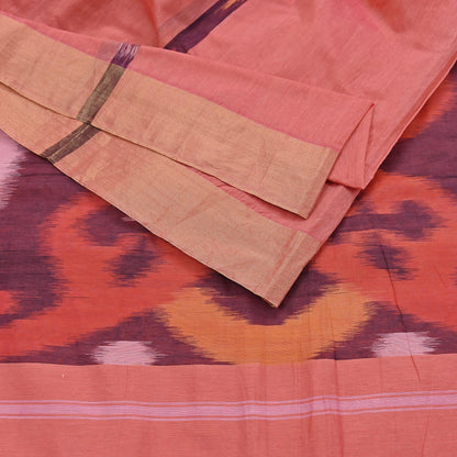 Indian Vintage Peach Saree Artificial Silk Pochampally Hand Woven Ikat Sari Craft Fabric 5Yd Ethnic Zari Border Dress making Fringes