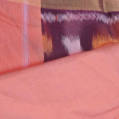 Indian Vintage Peach Saree Artificial Silk Pochampally Hand Woven Ikat Sari Craft Fabric 5Yd Ethnic Zari Border Dress making Fringes