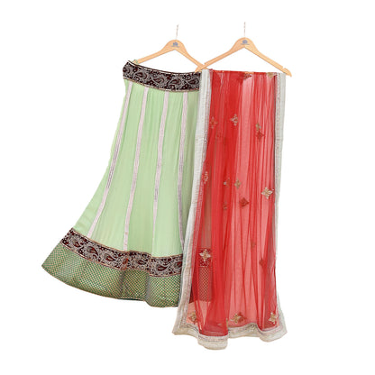 Indian Vintage Red & Green Pure Georgette Silk Net/Mesh Hand Embroidered Lehenga 2pcs Set Bridal Party Wear Dupatta Bollywood Lehenga