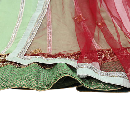 Indian Vintage Red & Green Pure Georgette Silk Net/Mesh Hand Embroidered Lehenga 2pcs Set Bridal Party Wear Dupatta Bollywood Lehenga