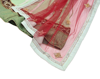 Indian Vintage Red & Green Pure Georgette Silk Net/Mesh Hand Embroidered Lehenga 2pcs Set Bridal Party Wear Dupatta Bollywood Lehenga