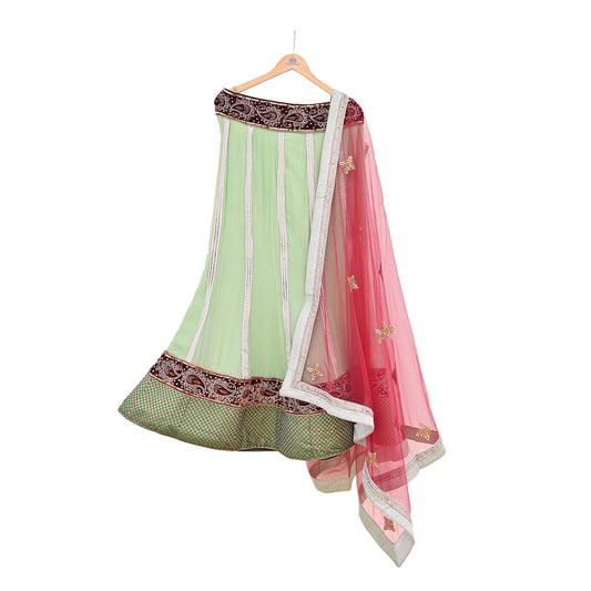 Indian Vintage Red & Green Pure Georgette Silk Net/Mesh Hand Embroidered Lehenga 2pcs Set Bridal Party Wear Dupatta Bollywood Lehenga