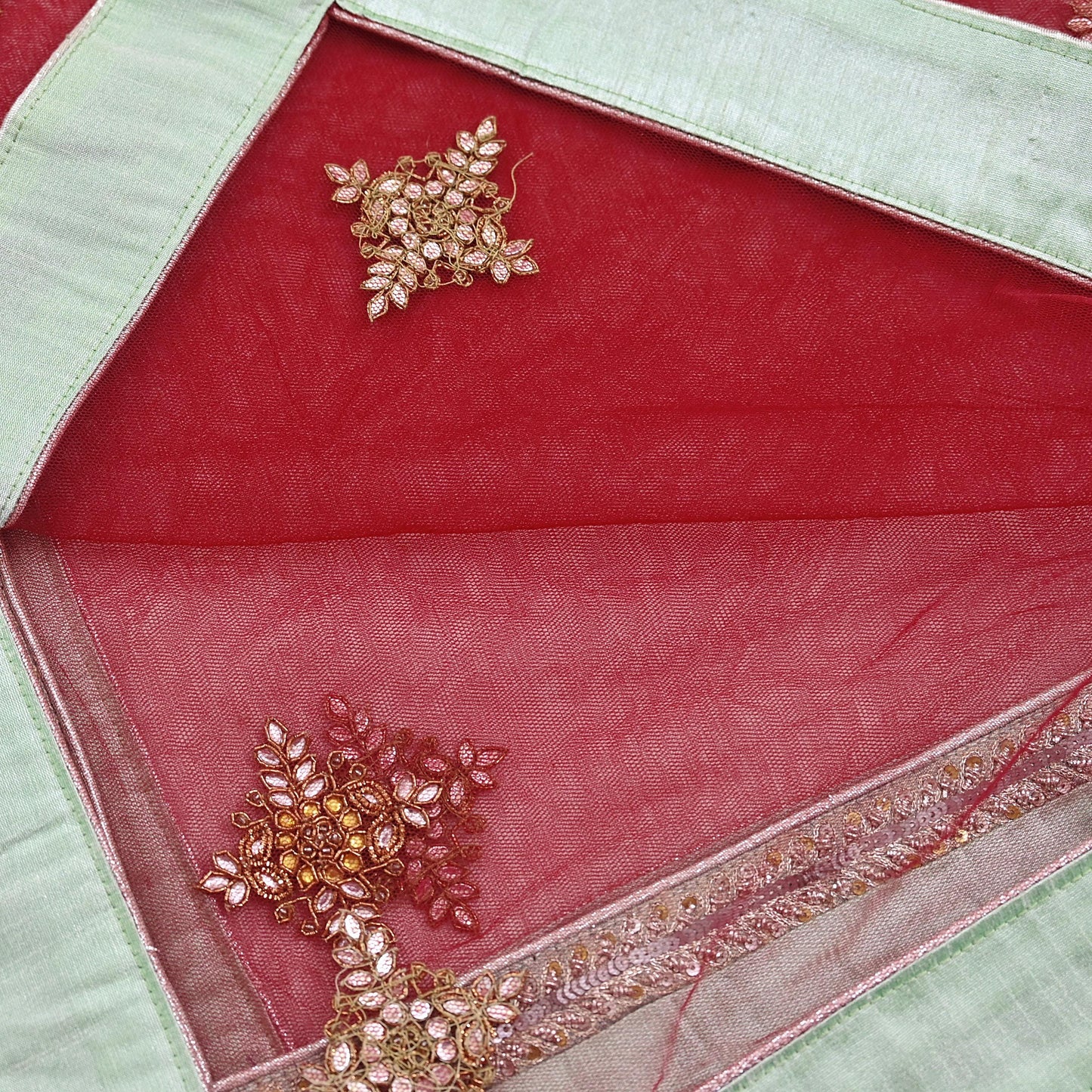 Indian Vintage Heavy Bridal Dupatta Red Net Mesh Long Stole Hand Embroidered Scarves  Patti Wedding/Party Wear