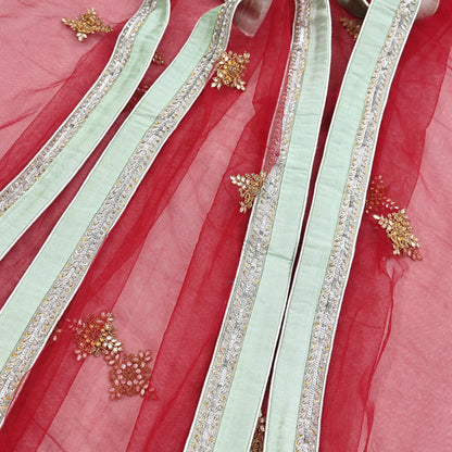 Indian Vintage Heavy Bridal Dupatta Red Net Mesh Long Stole Hand Embroidered Scarves  Patti Wedding/Party Wear