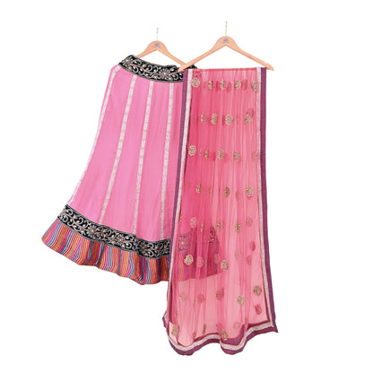 Indian Vintage Pink Pure Georgette Silk Net/Mesh Hand Embroidered Lehenga 2pcs Set Bridal Party Wear Dupatta Bollywood Lehenga