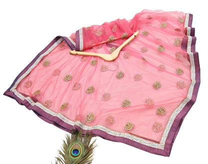 Indian Vintage Pink Pure Georgette Silk Net/Mesh Hand Embroidered Lehenga 2pcs Set Bridal Party Wear Dupatta Bollywood Lehenga