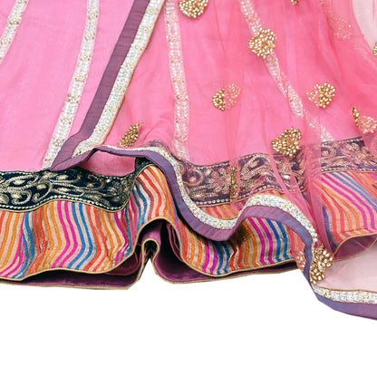 Indian Vintage Pink Pure Georgette Silk Net/Mesh Hand Embroidered Lehenga 2pcs Set Bridal Party Wear Dupatta Bollywood Lehenga