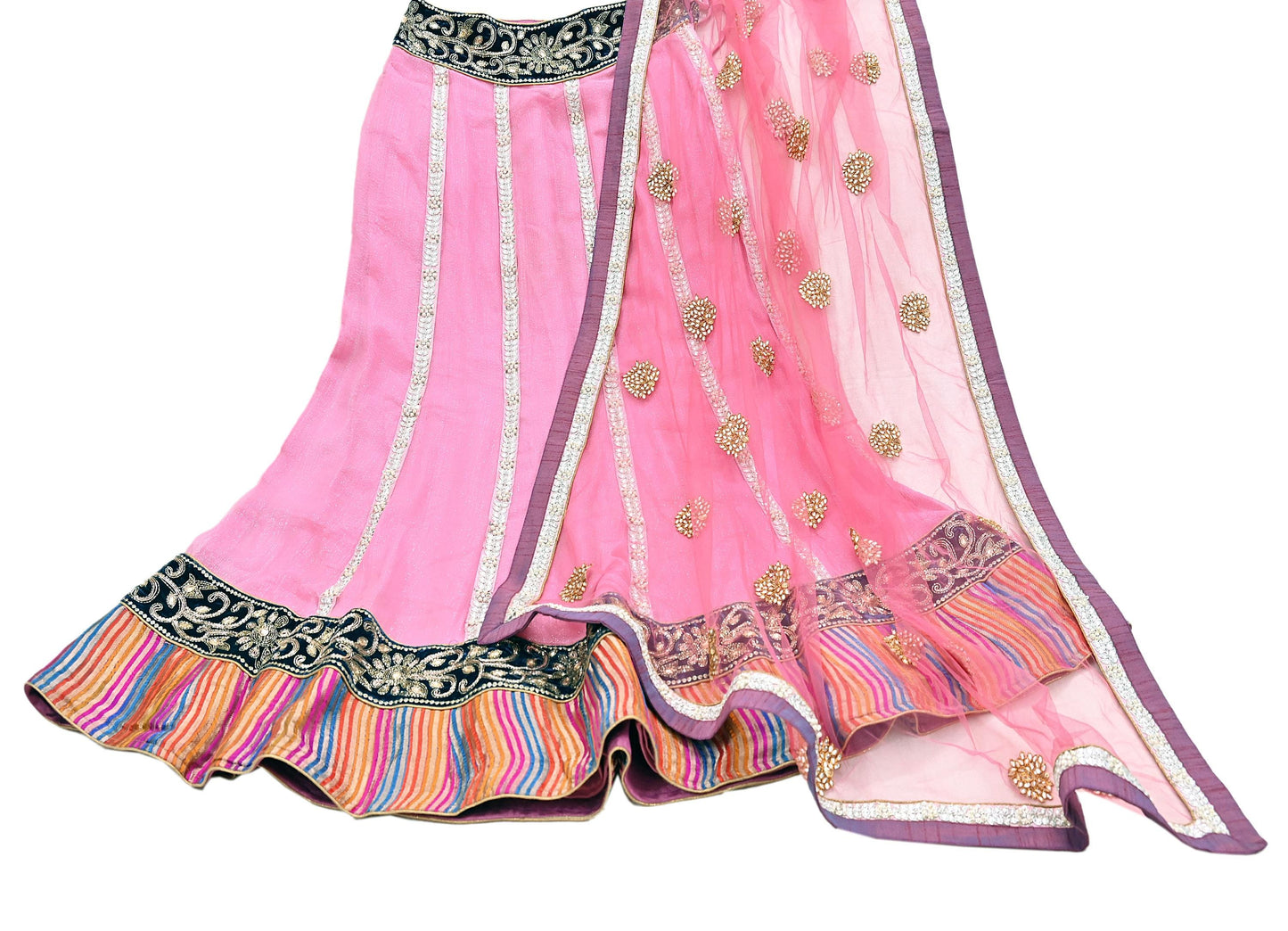 Indian Vintage Pink Pure Georgette Silk Net/Mesh Hand Embroidered Lehenga 2pcs Set Bridal Party Wear Dupatta Bollywood Lehenga
