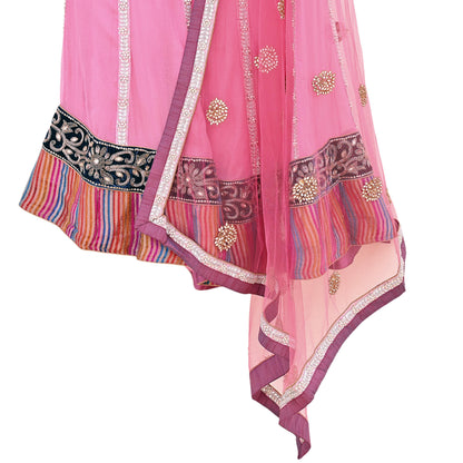 Indian Vintage Pink Pure Georgette Silk Net/Mesh Hand Embroidered Lehenga 2pcs Set Bridal Party Wear Dupatta Bollywood Lehenga