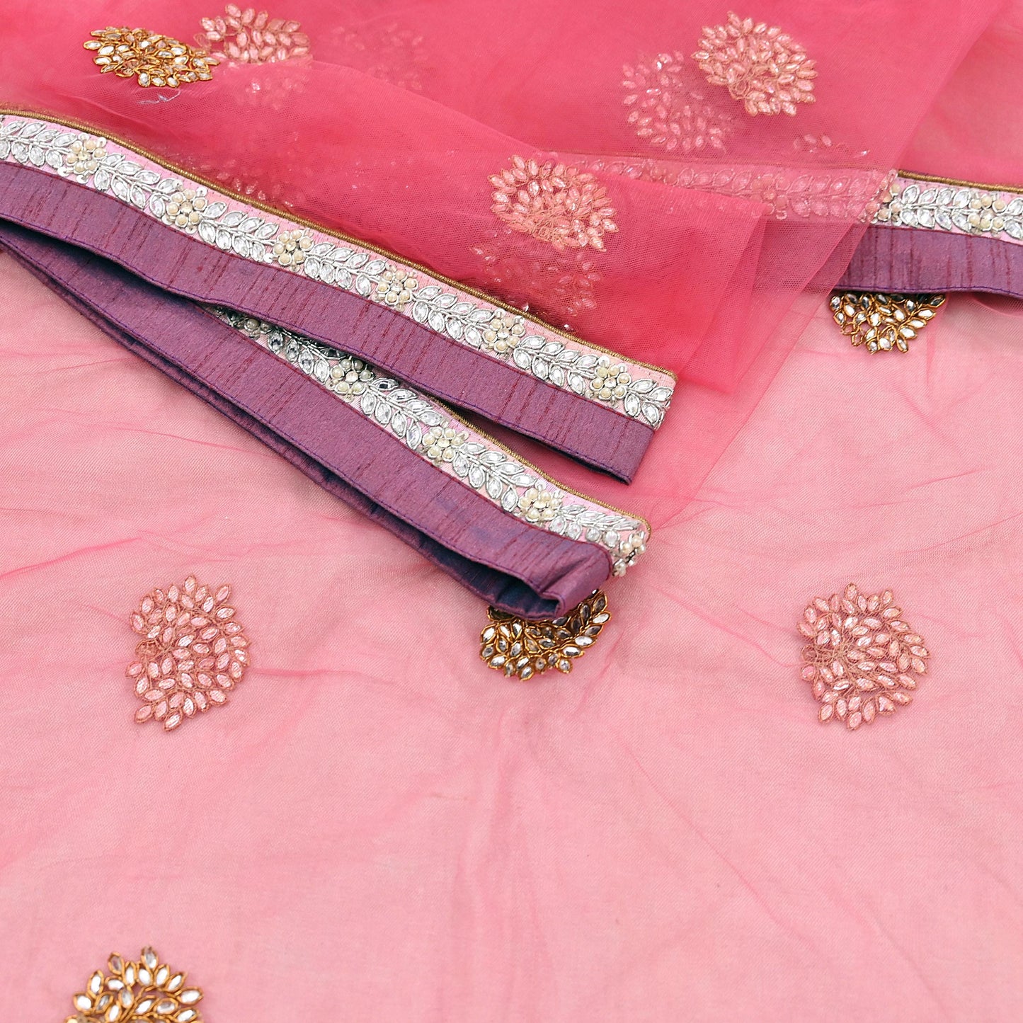Indian Vintage Heavy Bridal Dupatta Pink Net Mesh Long Stole Hand Embroidered Scarves  Patti Wedding/Party Wear